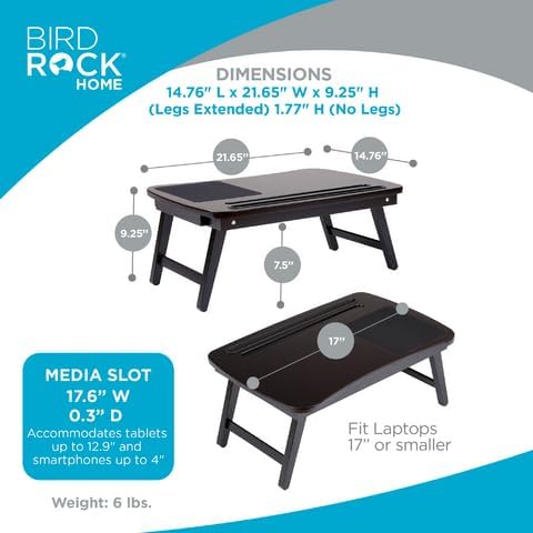 BIRDROCK HOME Curved Wood Lap Tray with Foldout Legs, Storage Drawer, Mouse Pad, Fits Laptops Up to 17", Tablet and Phone Slot, Laptop Table for Sitting or Standing, Work from Home - Walnut