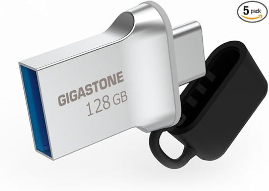 GIGASTONE 128GB Nano Luxus Dual Drive (5 Pack) Z50 USB 3.2 Gen 1, 2-in-1 USB-A & Type-C, 100MB/s Ultra Fast, Cap Design, Metal, Plug & Play for Smartphone/PC/Mac/TV/Car, 2.0/3.0/3.1 Compatible