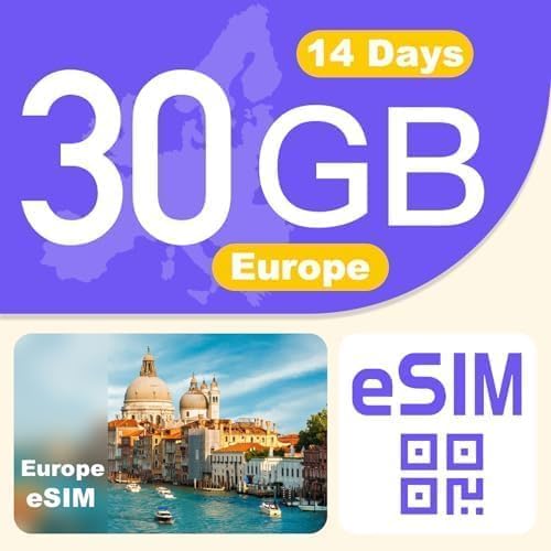 Europe eSIM Card 30GB 14Days - 5G LTE High-Speed Network, Prepaid eSIM for 32 Countries (Including Switzerland), Hotspot Support, High Coverage Multi-Carrier for Unlocked iPhone and Android