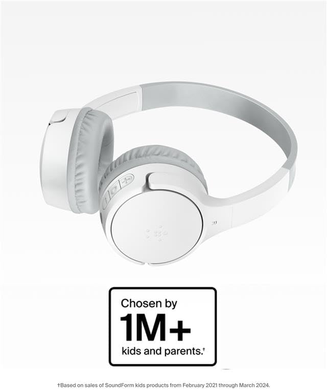 Belkin SoundForm Mini - Wireless Bluetooth Kids Headphones, 30H Battery, 85dB Safe Volume Limit, Built-in Microphone - Toddler On-Ear Earphones for iPhone, iPad, Fire Tablet, Ideal for School - White
