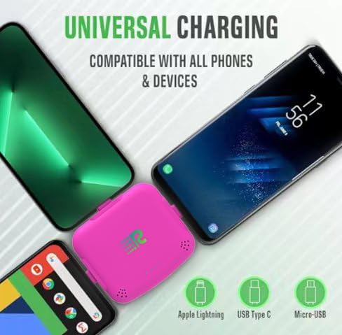 Rush Charge Universe 3 in 1 Portable Charger – 3300mah, 2.4A High-Speed Fast Charging Compatible with iPhone and Android Lightning, Type C, Micro-USB Charges 3 Devices at a Time Pre-Charged RC33 Pink
