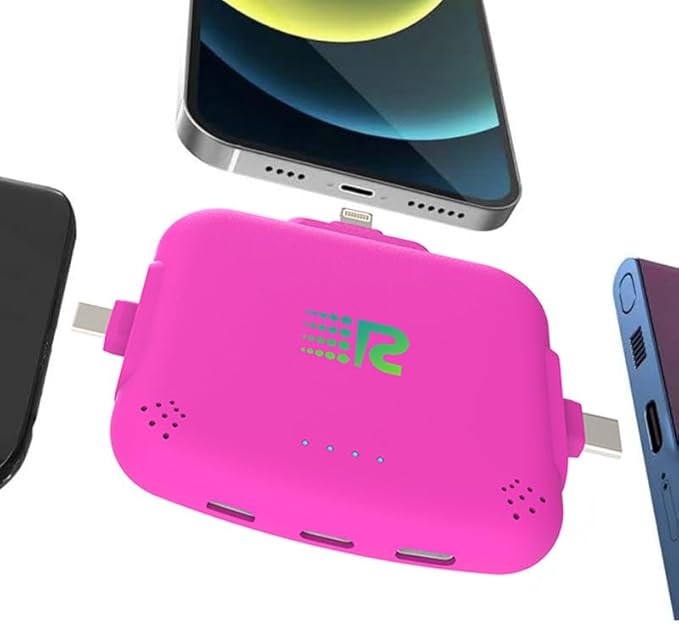 Rush Charge Universe 3 in 1 Portable Charger – 3300mah, 2.4A High-Speed Fast Charging Compatible with iPhone and Android Lightning, Type C, Micro-USB Charges 3 Devices at a Time Pre-Charged RC33 Pink