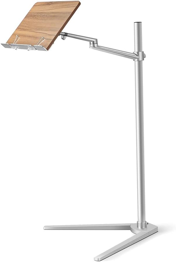 Shikha Book Stand for Reading, Hands-Free Holder for Laptop Phone Tablet with Wooden Pad, Rotated and Liftted Metal Support, 2 Spring Clips.