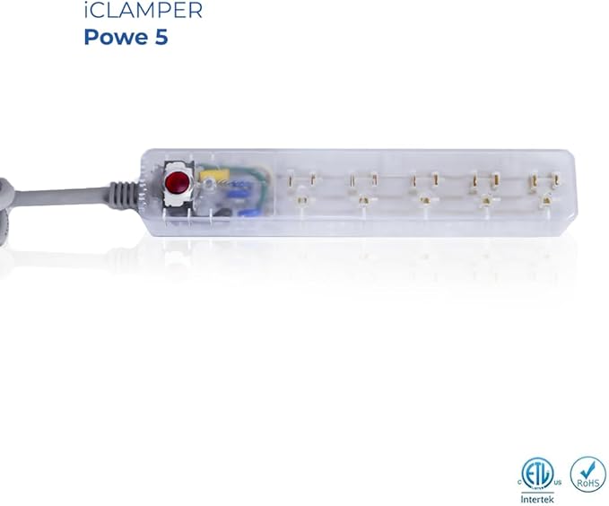 Clamper Power Strip 5-Outlet 4ft Extension Cord, Short Circuit Protection, Surge Protector 1800 Joules, 1875W, for TV, PC, Xbox, PS5 and Other Appliances, Home and Office, iCLAMPER Power 5 Clear