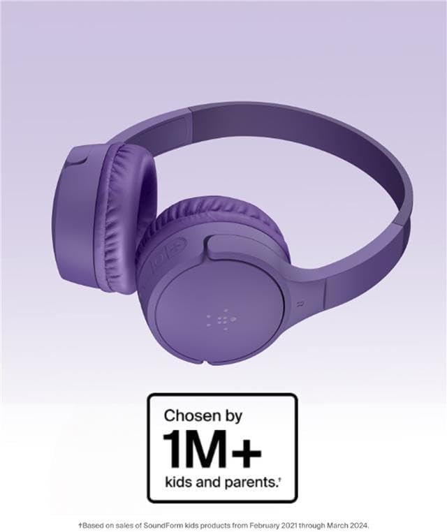 Belkin SoundForm Mini - Wireless Bluetooth Kids Headphones, 30H Battery, 85dB Safe Volume Limit, Built-in Microphone - Toddler On-Ear Earphones for iPhone, iPad, Fire Tablet, Ideal for School - Purple