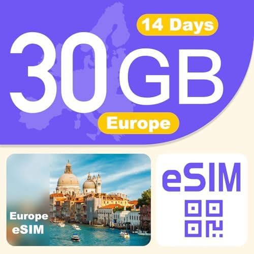 Europe eSIM Card 30GB 14Days - 4G LTE High-Speed Network, Prepaid eSIM for 32 Countries (Including Switzerland), Hotspot Support, High Coverage Multi-Carrier for Unlocked iPhone and Android