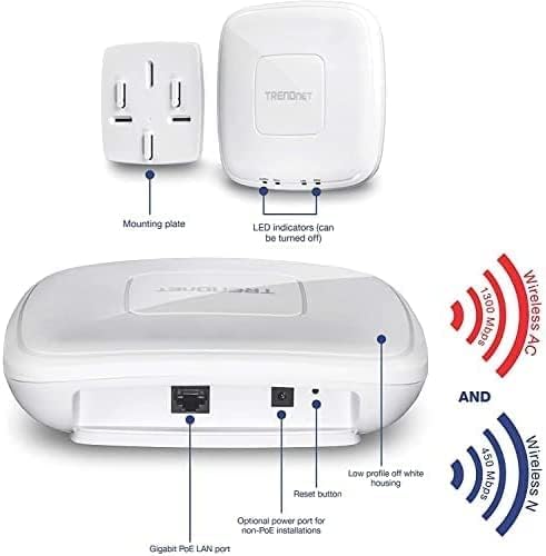 TRENDnet AC1750 Dual Band PoE Access Point, 1300Mbps WiFi AC+450 Mbps WiFi N, WDS Bridge, WDS Station, Repeater Modes, Band Steering, WiFi Traffic Shaping, IPv6, White, TEW-825DAP