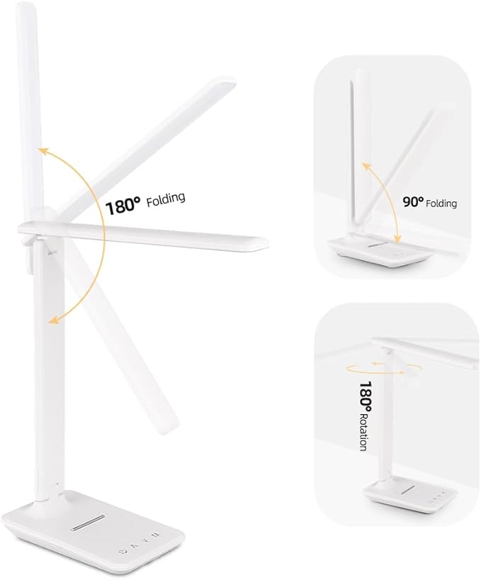 LED Desk Lamp for Home Office, USB Charging Port, Dimmable Table Lamp, Foldable Table lamp, Touch Control, 5 Lighting Modes, University Dormitory Eye Protection Learning Reading Lamp (White)