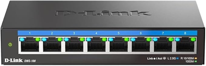 D-Link 8-Port 2.5GB Unmanaged Gaming Switch with 8 x 2.5G - Multi-Gig, Network, Fanless, Plug & Play (DMS-108),Black