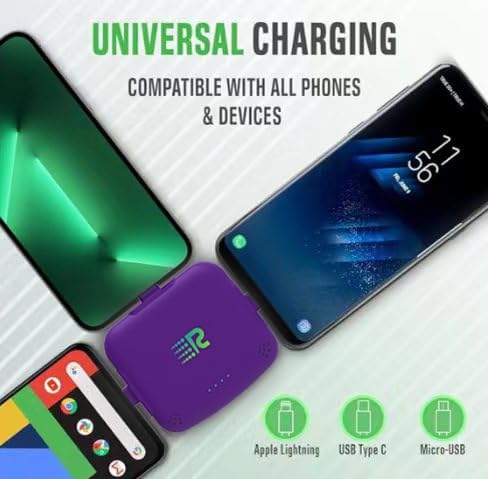 Rush Charge Universe 3 in 1 Portable Charger 3300mah, 2.4A High-Speed Fast Charging Compatible with iPhone and Android Lightning, Type C, Micro-USB Charges 3 Devices at a Time Pre-Charged RC33 Purple