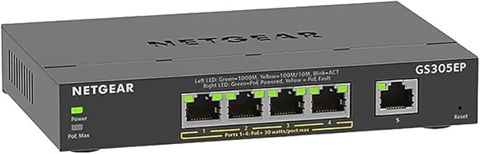 NETGEAR 5 Port PoE Gigabit Ethernet Easy Smart Managed Essentials Switch (GS305EP) - with 4 x PoE+ @ 63W, Desktop or Wall Mount