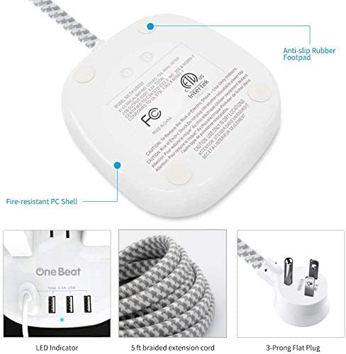 Desktop Power Strip with 3 Outlet 4 USB Ports 4.5A, Flat Plug and 10 ft Long Braided Extension Cords for Cruise Ship Travel Home Office, ETL Listed