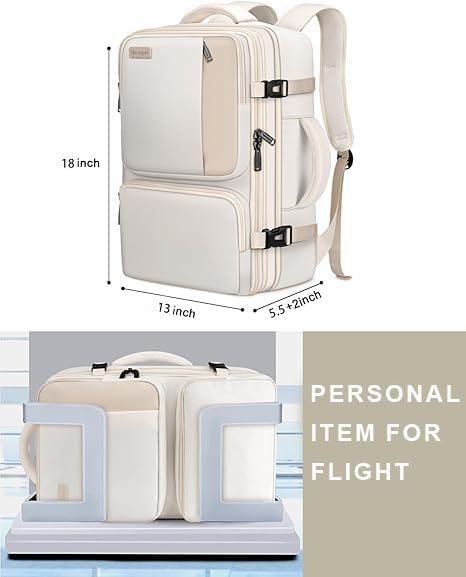 Vancropak Expandable Carry on Backpack for Airplanes, TSA Personal Item Airline Approved 40L Travel Backpack for Women, Lightweight Weekender Overnight Luggage Daypack Suitcase, Travelers Gifts, Beige