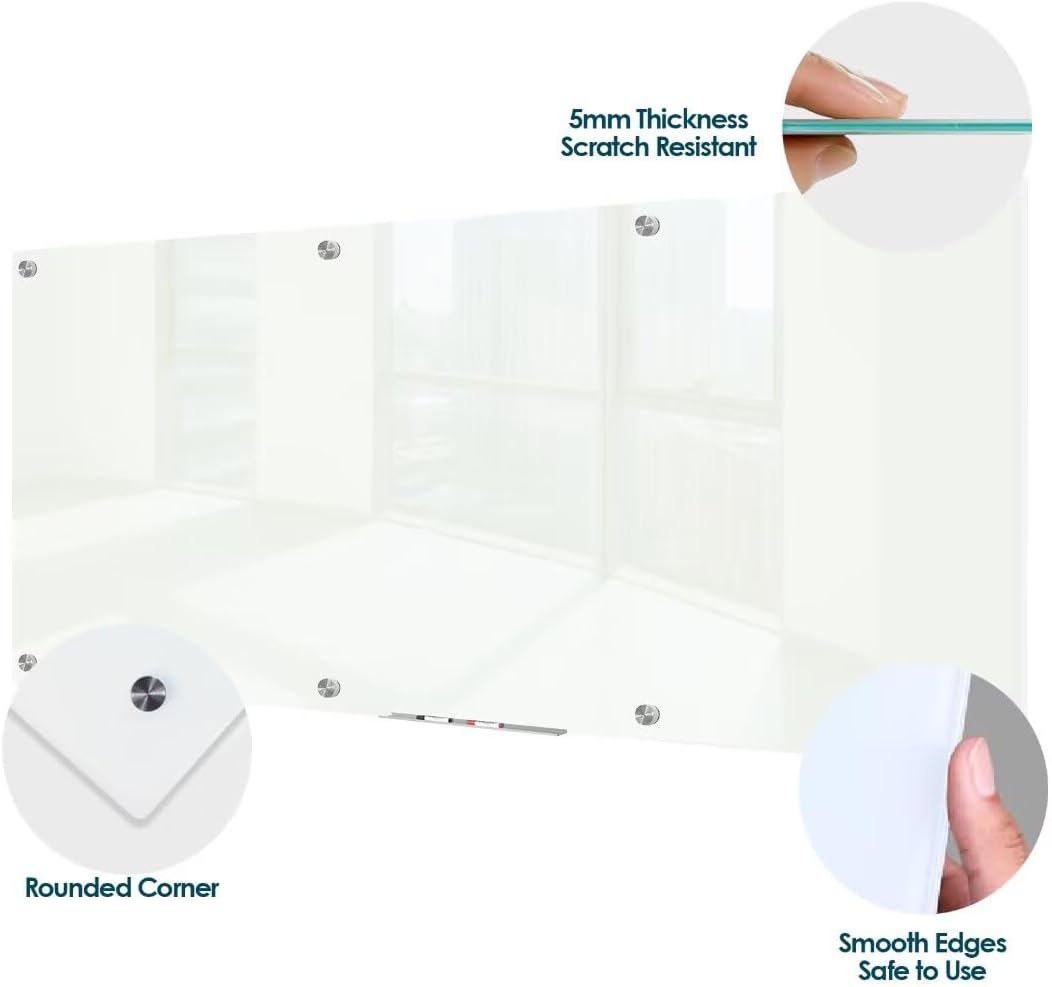 J&J worldwide Glass Dry Erase Board 8' x 4', Glass Whiteboard Magnetic, Large Frameless Glass White Boards for Walls, Includes Magnets, Marker Tray, Eraser for Office, Home, School