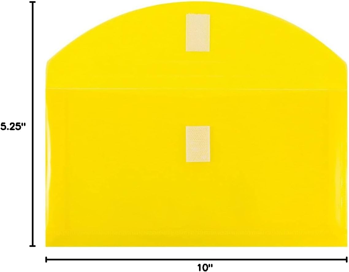 JAM PAPER Plastic Expansion Envelopes with Hook & Loop Closure - #10 Booklet Wallet - 5 1/4 x 10 with 1 Inch Expansion - Yellow - 12/Pack