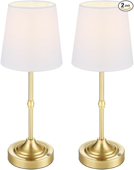 Cordless Lamp, Rechargeable Battery-Operated Lamp with Fabric Lampshades, 2 Pack Dimmable Desk Lamps for Kitchen, Bedroom, Living Room, Nightstand, Balcony, Home Décor (Gold)