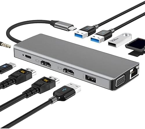 13 Combo Type-C Ethernet Hub, 4K USB-C to 2 HDTVs, VGA, 2 USB 3.0, 2 USB 2.0, 100W PD, SD/TF Card Reader, Microphone/Sound Expansion Base, Suitable for USB-C laptops (10)