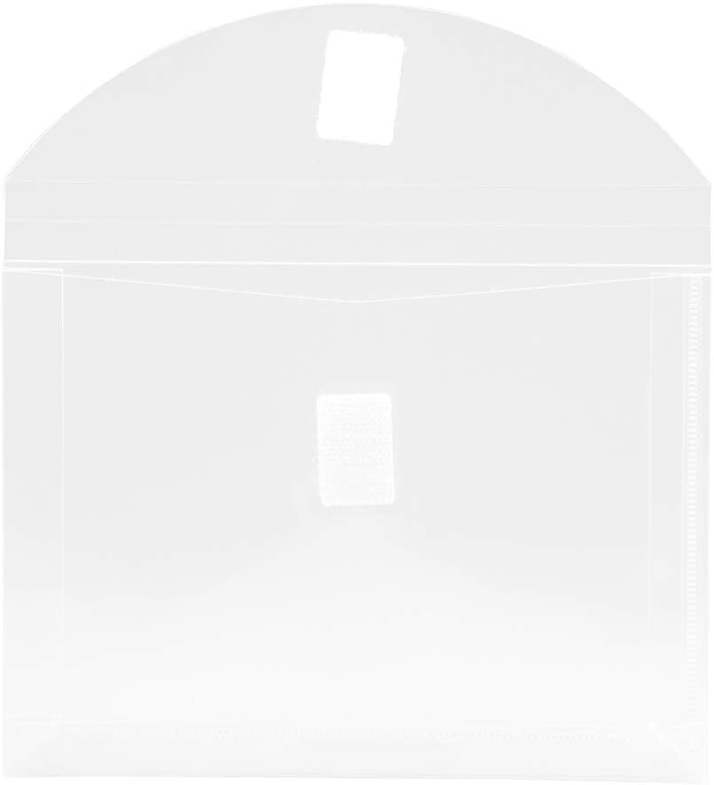 JAM PAPER Plastic Expansion Envelopes with Hook & Loop Closure - Index Size - 5 1/2 x 7 1/2 with 1 Inch Expansion - Clear - 12/Pack