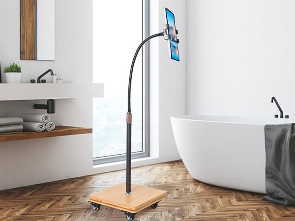 wishacc Tablet Floor Stand for Bed - Gooseneck Tablet Holder Mount with Adjustable Height and 4 Wheels, Compatible with iPad mini Air Pro 12.9/9.7, Galaxy Tab, Kindle, Cell Phones (4.7"-13")