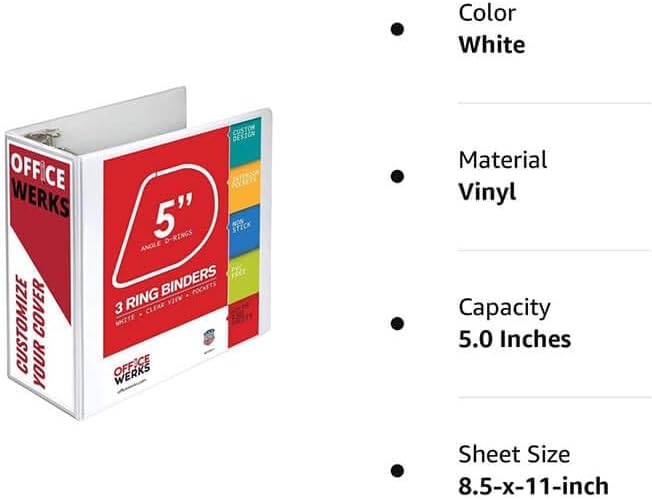 2 Pack of 5 Inch 3 Ring Binder with Locking Angle D Rings, Professional Heavy Duty Large Storage Binder with Pockets, Fits 8.5 x 11 Inch Sheets, Non-Stick Clear View Cover, Customizable, White