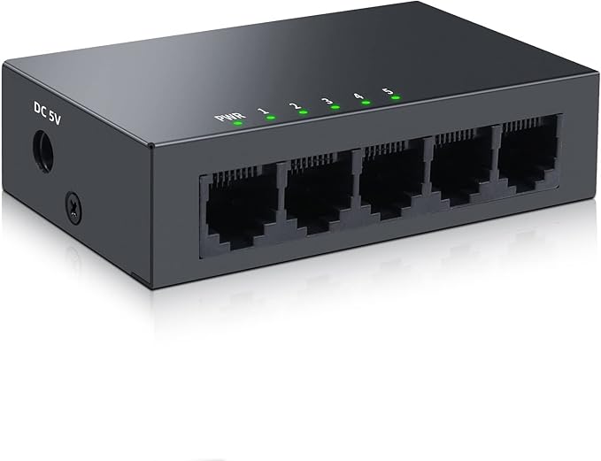 5 Port Gigabit Ethernet Switch|Mini Metal Housing Switch|Plug&Play|Fanless Design| Desktop Ethernet Splitter |Quiet Unmanaged Network Switch