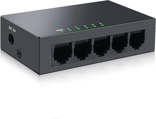 5 Port Gigabit Ethernet Switch|Mini Metal Housing Switch|Plug&Play|Fanless Design| Desktop Ethernet Splitter |Quiet Unmanaged Network Switch