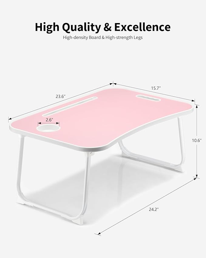 Foldable Lap Desk, Laptop Bed Desk, Portable Lap Table, Laptop Bed Table with Cup Holder & Tablet Slot & Lifting Handle for Working Writing Drawing & Eating - Pink