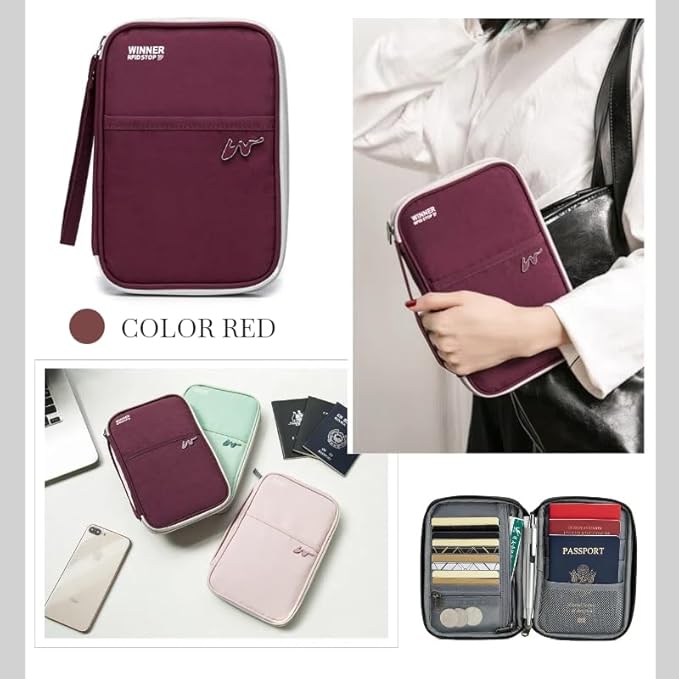 P-H1 Travel Family Passport Holder RFID Blocking Passport Waterproof Wallets for Men Women Travel Document Organizer, Lightweight Portable Passport Cover with Zipper Pocket (Wine Red)