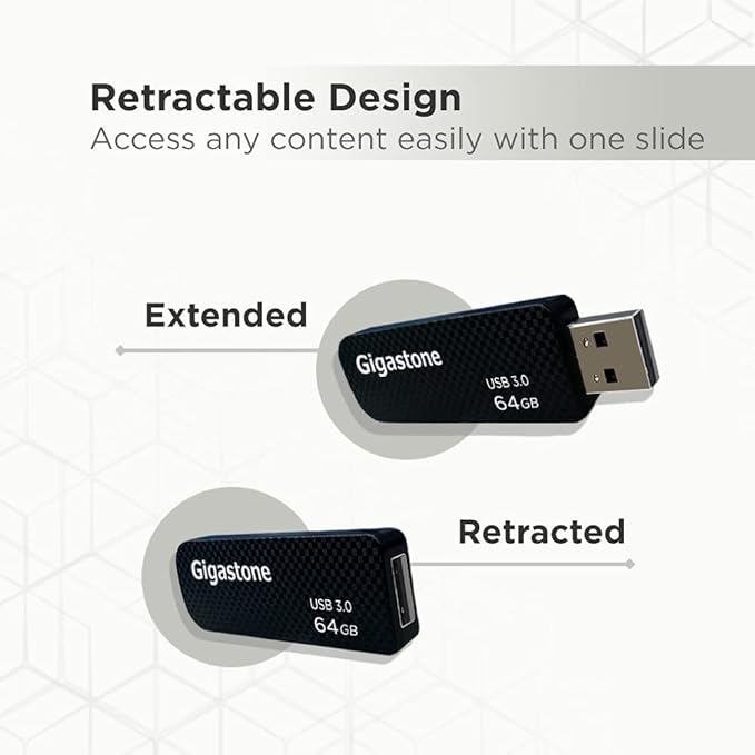 Gigastone Z30 64GB USB3.0 Flash Drive, Capless Retractable Design Pen Drive, Carbon Fiber Style, Reliable Performance & Durable