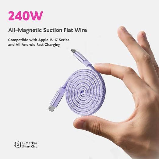 NKV 240W USB C to USB C Cable [3.3ft, 2-Pack] 240W Flat Fast Charging, for iPhone 17 16 15 Series Samsung 25 iPad MacBook etc (Purple)