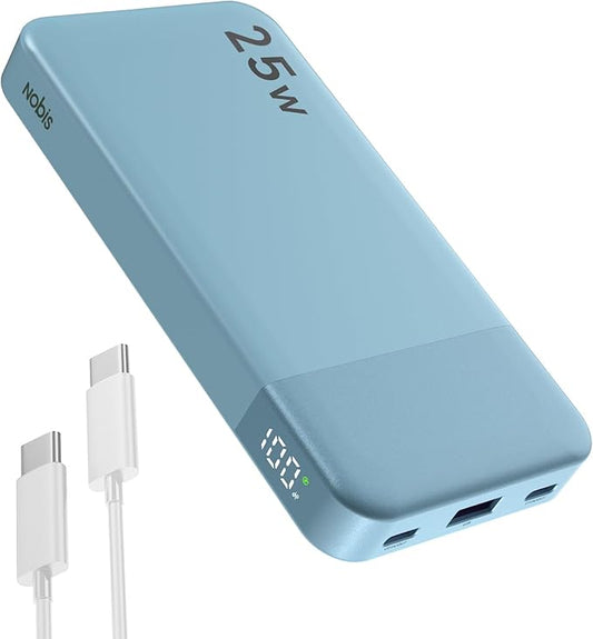 NOBIS Portable Charger, 10000mAh Power Bank Fast Charging, Battery Pack with C to C Cable, Battery Bank with Digital Display for iPhone iPad Android etc (Blue, 25W)