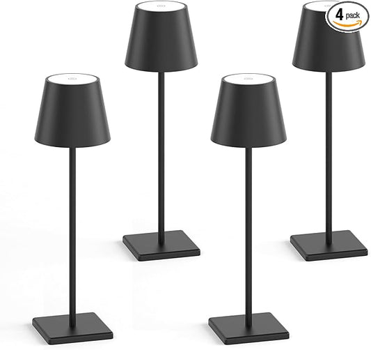 4-Pack LED Rechargeable Table Lamp, Battery Desk lamp 3W 6000mAh Battery Operated Stepless Dimming Modern Portable Table Light for Restaurant/Dinner/Bedroom/Outdoor IP54 Waterproof (Black)