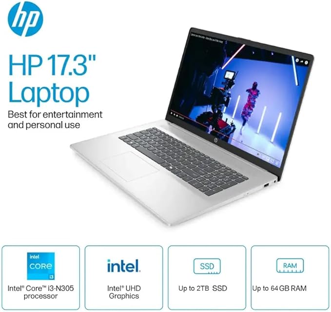 HP 17 Laptop Computer for Business and Students - 17.3" HD+ 250 Nits IPS Display • Intel 8-Core i3 Processor • Wifi6 • Camera • Copilot • Fast Charge • Win 11 Pro • w/Accessories (16GB RAM, 512GB SSD)