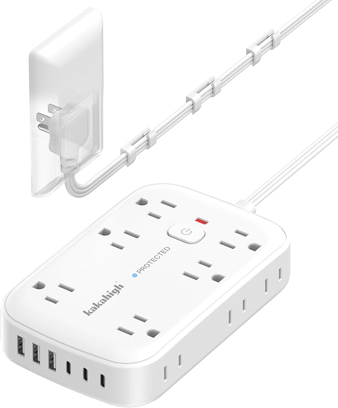 Flat Extension Cord with Outlet Cover & Multi USB- 5 FT, 1625W 3 Prong Extension Cord with 12AC Outlet 6 USB (24W/4.8A), Multi Ports Charging Station for Behind Wall Furniture Couch Sofa TV