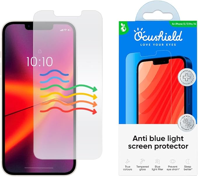 Ocushield for iPhone 13/13 Pro/14/16 (6.1") - Anti Blue Light Tempered Glass Screen Protector - Protect Your Eyes Reduce Migraines & Improve Sleep