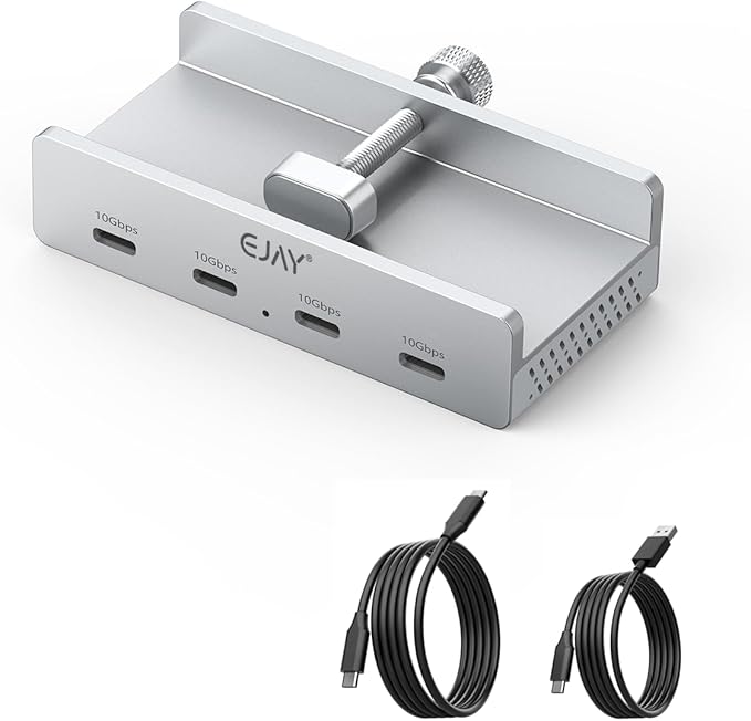 EJAY 10Gbps USB C Hub 4Ports Aluminum USB 3.2 Docking Hub Clamp Design for Desk/Computor with Extra Power Supply Port and 47inches Long Data Cable&39inches Power Cable (BJ-4C-SV)