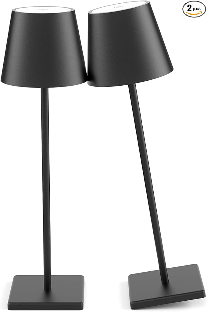 2-Pack LED Cordless Table Lamp, Rechargeable Battery Desk lamp 3W 5500mAh Battery Operated Stepless Dimming Modern Portable Table Light for Restaurant/Dinner/Bedroom/Outdoor IP54 Waterproof (Black)