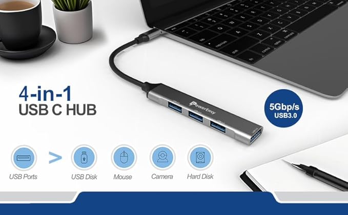 USB C Hub Adapter 4-in-1 by PowerEnvy – with 5Gbps USB 3.0 & 3×USB 2.0 Ports – Multiport Splitter for MacBook, iPad Pro, Dell XPS, More USB-C Devices