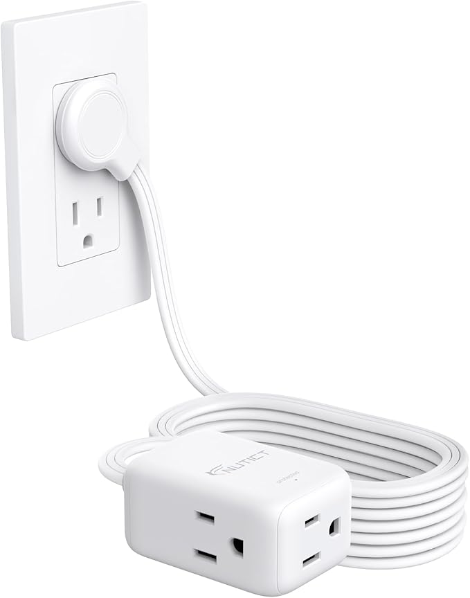 Flat Extension Cord 15ft Long, ETL Listed, NUTICT 3 Prong Indoor Cord Extension, Surge Protector, 13A/1625W, 900J, Low Profile Right Angle Flat Wall Plug, Behind Bed Couch Furniture Tight Space, White