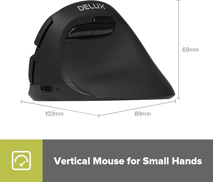 DeLUX Wireless Vertical Mouse, Small Rechargeable Silent Ergonomic Mouse with BT 5.2 and USB Receiver, 6 Buttons and 4000 DPI, for Carpal Tunnel (M618mini-Black)