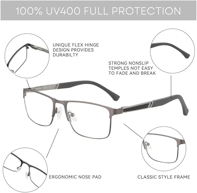ZENOTTIC Blue Light Reading Glasses for Men Computer Readers Trendy Square Metal Frame Anti Glare