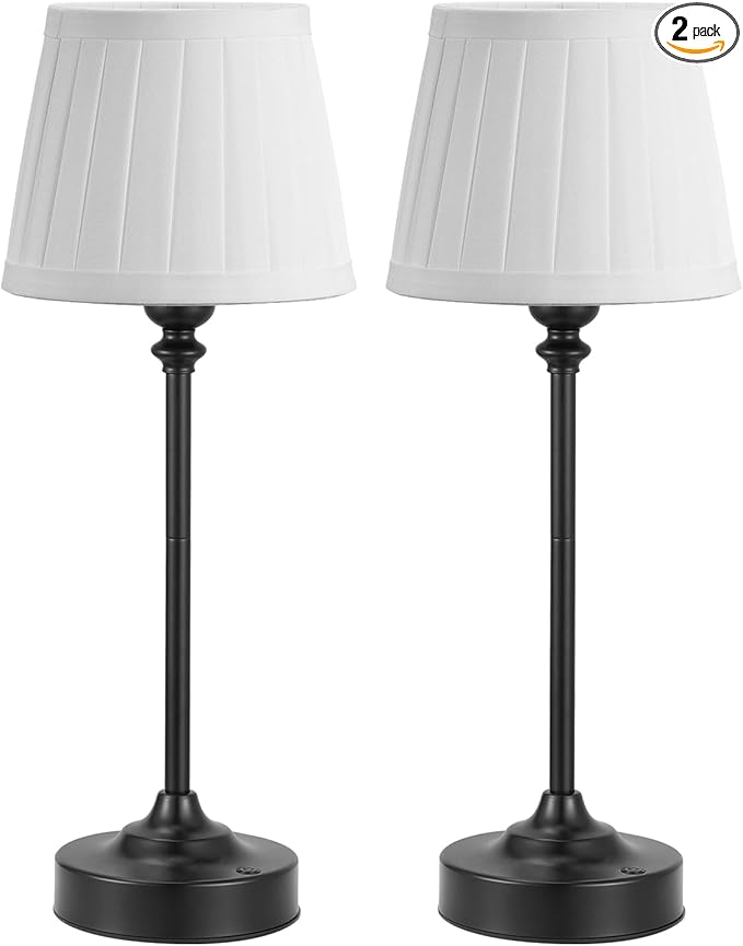Cordless Table Lamps Rechargeable Set - 2 Pack Black 4000mAH Battery Operated Lamps for Decor, 3000K Stepless Dimming Touch Control Wireless Lamps for Bedroom, Dining Table, Living Room, White Shade