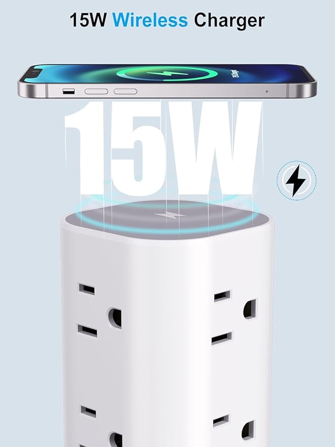 Power Strip Tower with Wireless Charger, Flat Plug Surge Protector Tower with 15FT Extension Cord, 12 AC Multiple Outlets, 4 USB (2 USB C),15W Wireless Charging Power Tower for Home Office Dorm,White