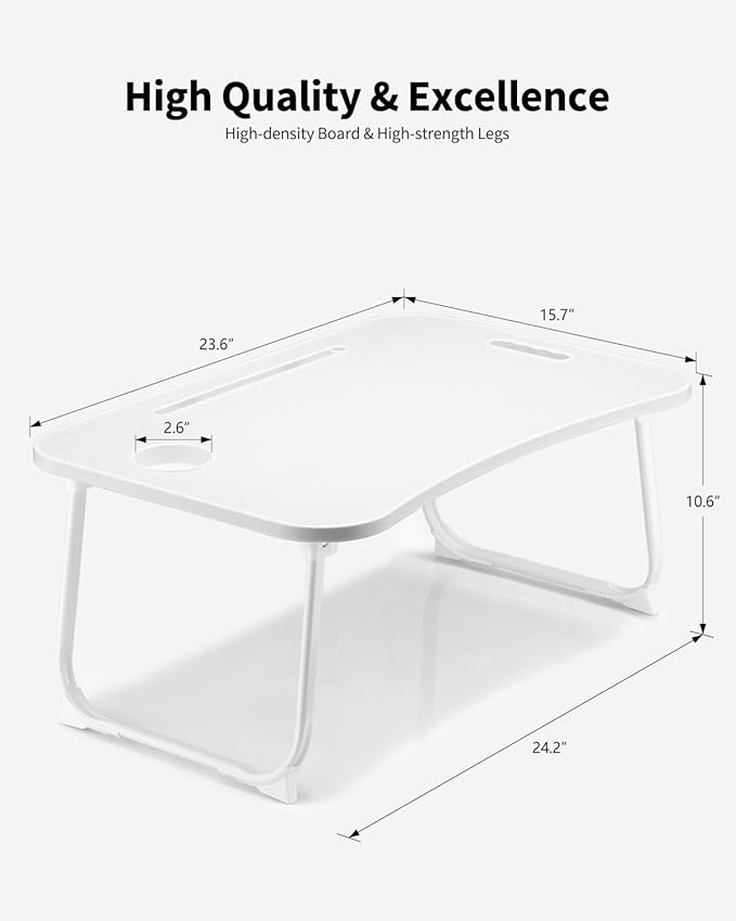 Foldable Lap Desk, Laptop Bed Desk, Portable Lap Table, Laptop Bed Table with Cup Holder & Tablet Slot & Lifting Handle for Working Writing Drawing & Eating - White
