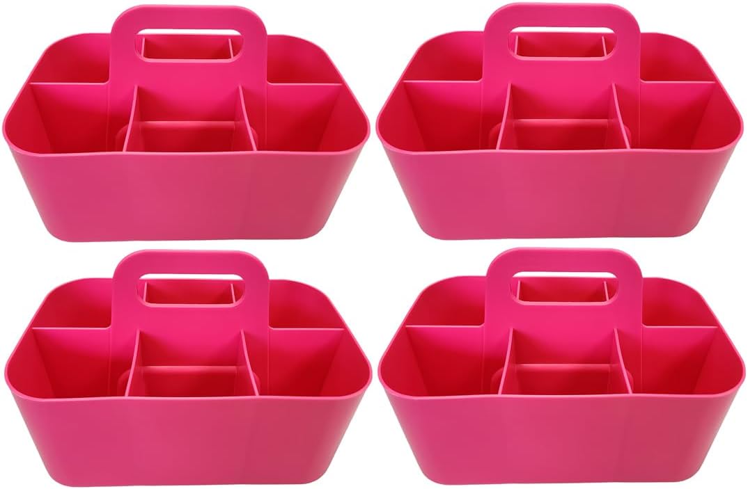 Small Stackable Plastic Caddy with Handle 6 Compartment | Desk, Makeup, Dorm Caddy, Classroom Art Organizers - 4 Pack, Made In USA (Hot Pink)