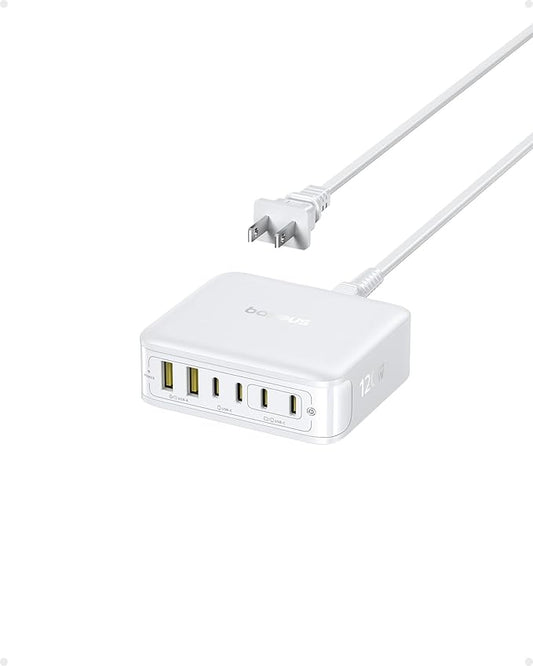 Baseus Charging Station 120W, 6-in-1 USB-C PD Fast Charging Desktop Charger with 5ft Extension Cord, 4 USB C, 2 USB A Ports, Travel Power Strip for iPhone 17/16, iPad Pro, MacBook Pro, Tablet and More