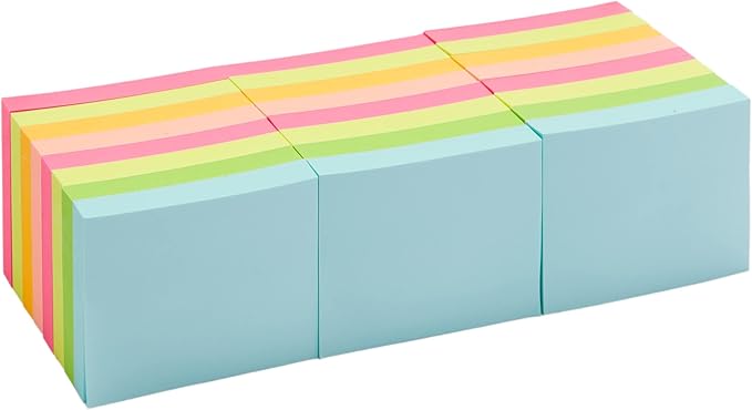 Amazon Basics Mini Rectangular Sticky Notes, 1.5x2 Inches, Bright Colors Self-Stick Pads, Easy to Post for Home, Office, Notebook, 70 sheets/Pad, Pack of 24