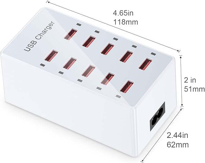 Cell Phone Wall Charger USB Charging Station for Multiple Devices 10 Ports Power Strip Charging Hub Smart Plug Charge Block Dock for iPhone 15/14/13/iPad iPod Galaxy Watches Android Phones