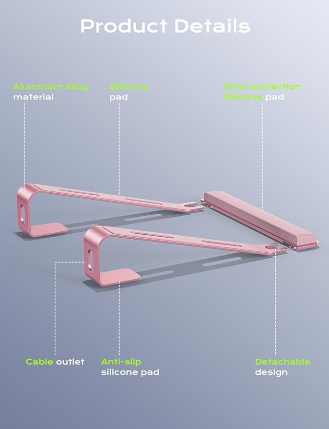 Aluminum Laptop Stand, Notebook Stand with Wrist Rest, Ergonomic Detachable Laptop Mount, Computer Stand Compatible with 10-17'' All Laptops Such as MacBook Air Pro/HP/Dell/Lenovo, Pink