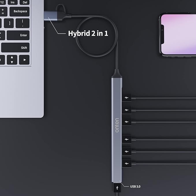 USB C Hub, ONTEN USB C USB to USB Adapter, USB C to USB A Hub, 7 Ports USB-C USB to USB Hub 3.0/2.0, for MacBook Pro, iMac 2021, USB Splitter Aluminum Alloy, Color Gray